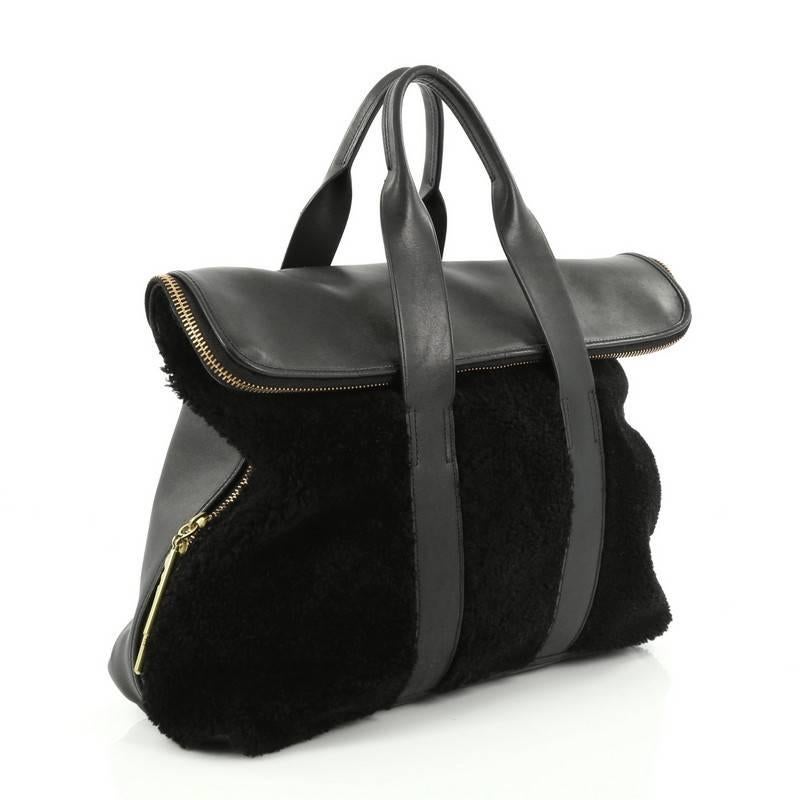 Black 3.1 Phillip Lim 31 Hour Fold-Over Tote Shearling and Leather