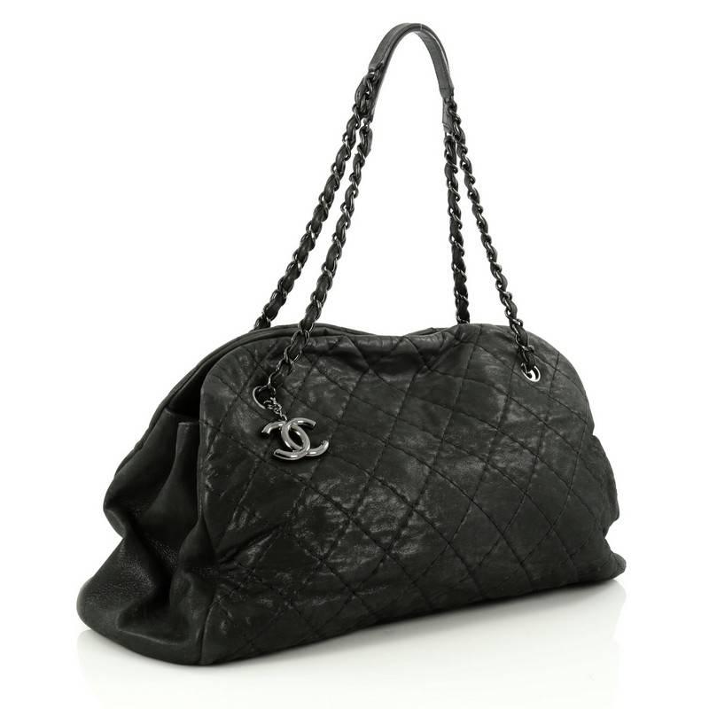 Black Chanel Just Mademoiselle Handbag Quilted Iridescent Leather Maxi