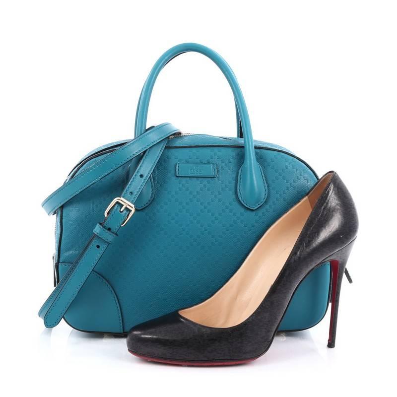 This authentic Gucci Bright Convertible Top Handle Bag Diamante Leather Small is sophisticated and modern in style perfect for everyday use. Crafted in Gucci’s diamante leather in turquoise blue, this bag features dual-rolled handles, protective