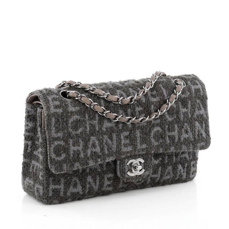 Black Chanel Classic Double Flap Bag Printed Quilted Tweed Medium
