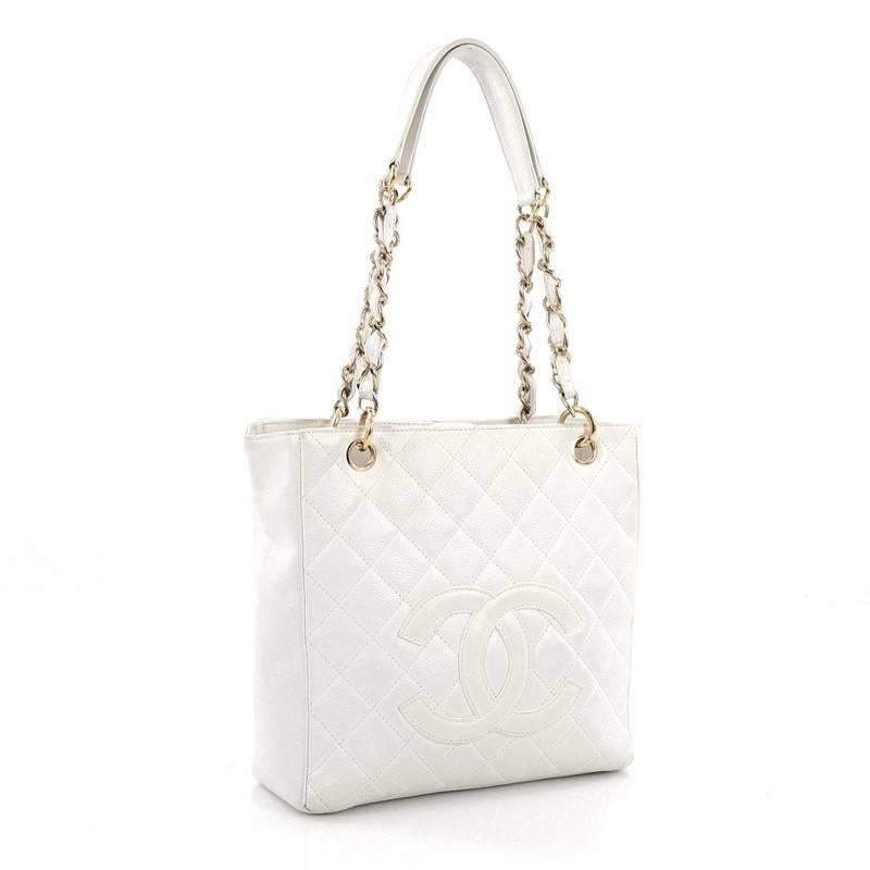 Beige Chanel Petite Shopping Tote Quilted Caviar
