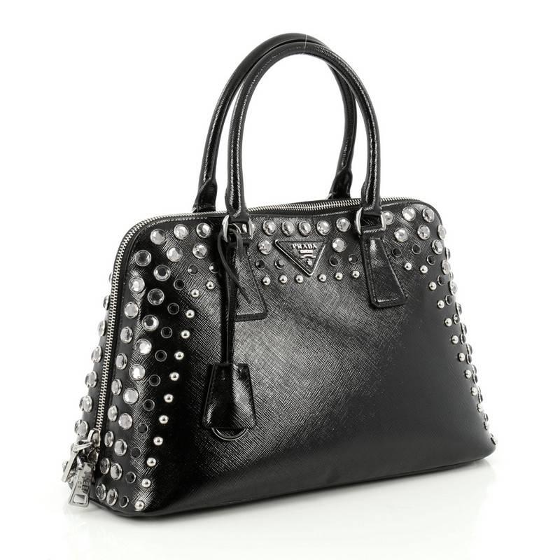 Black Prada Promenade Handbag Studded Vernice Saffiano Leather Medium