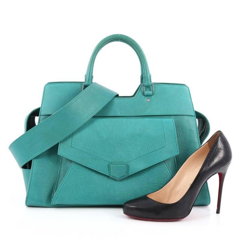 This authentic Proenza Schouler PS13 Satchel Leather Large presented in the brand's Spring/Summer 2013 Collection is a fresh and youthful update to your spring wardrobe. Crafted from turquoise leather, this traditional school-style satchel features