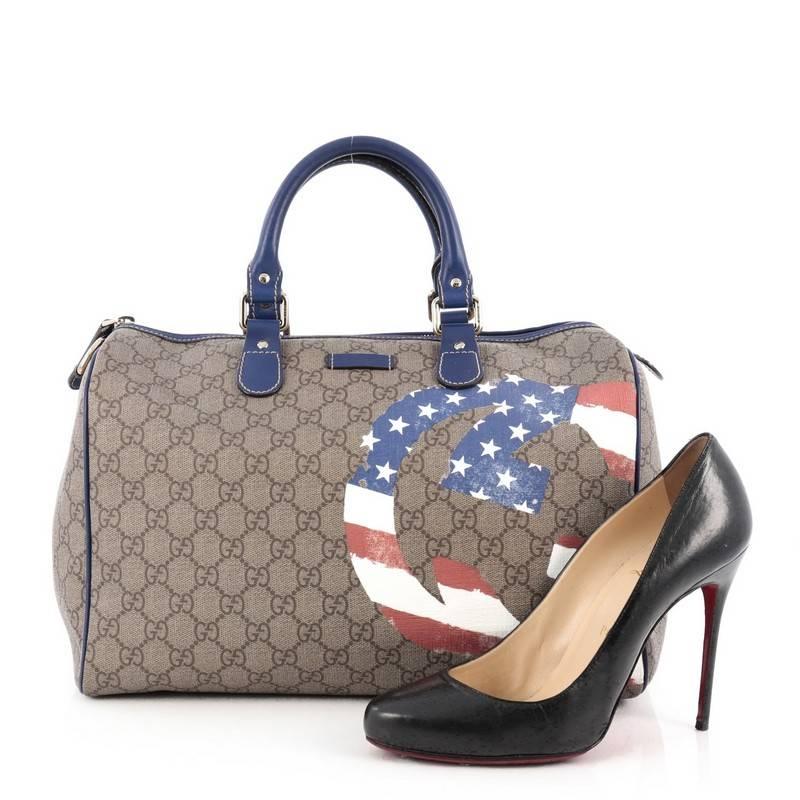 This authentic Gucci Flag Boston Bag GG Coated Canvas Medium is a uniquely designed, exclusive boston bag for everyday use. Crafted from brown GG coated canvas, this bag features an American flag print in interlocking GG detail, blue dual-rolled