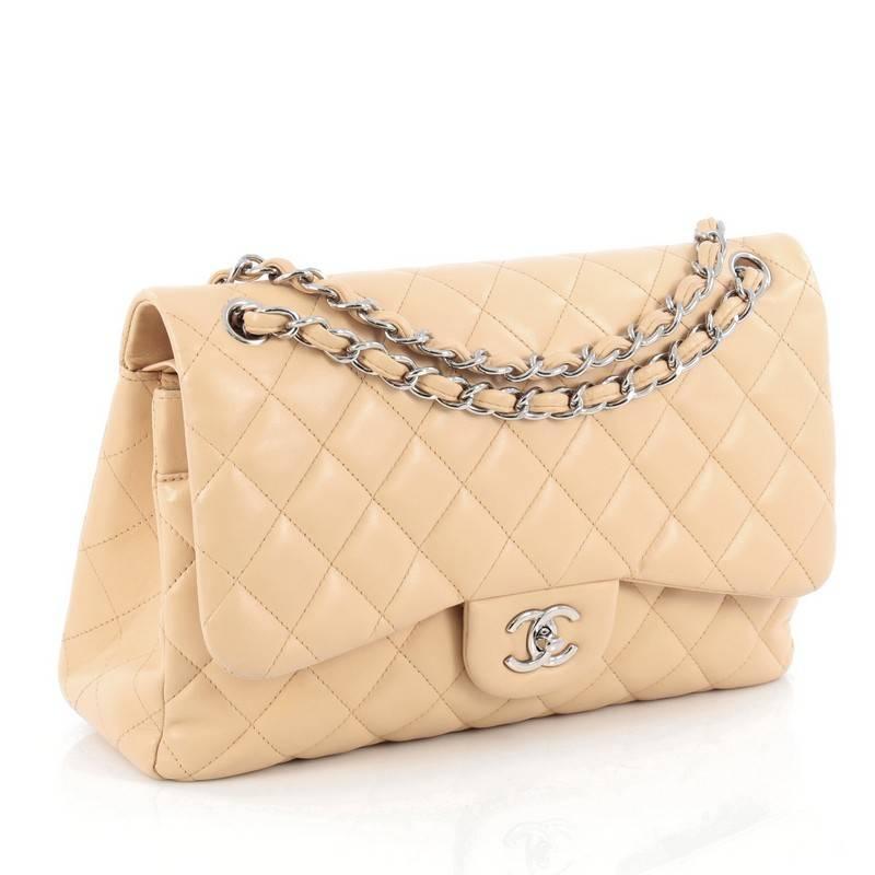 Beige Classic Double Flap Bag Quilted Lambskin Jumbo