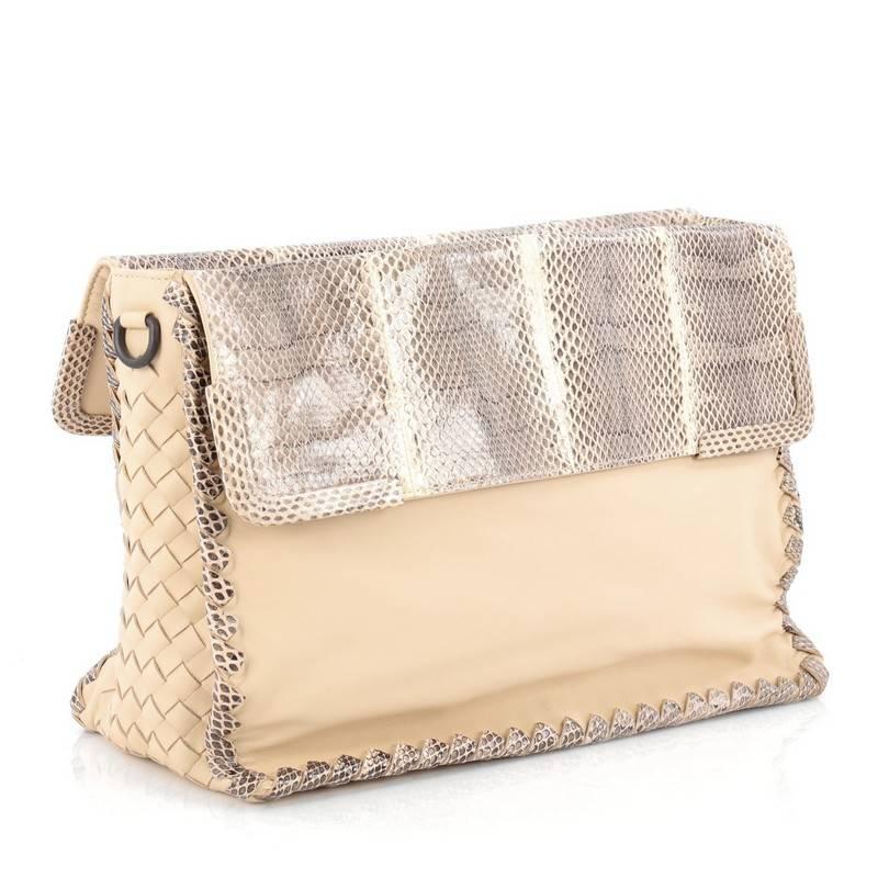 Beige Bottega Veneta Fold Over Convertible Shoulder Bag Leather with Python Medium