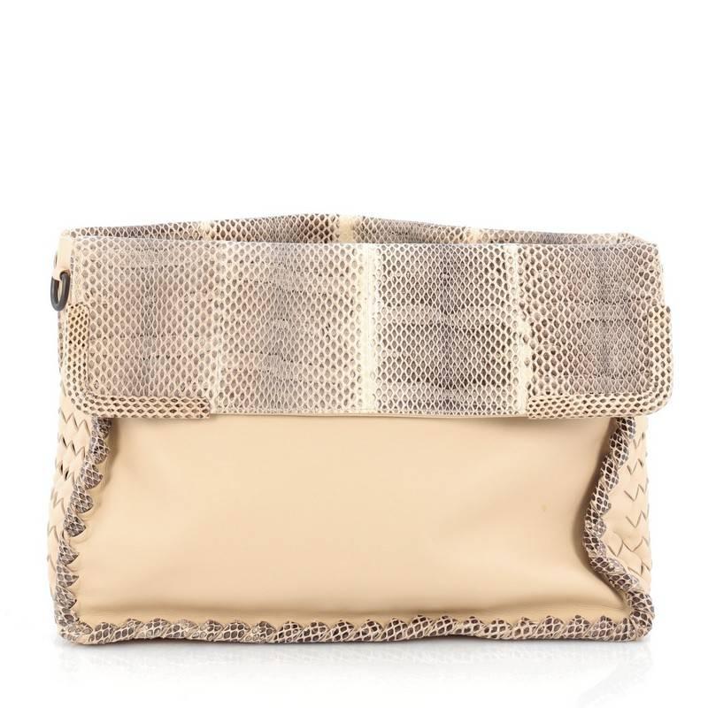 Bottega Veneta Fold Over Convertible Shoulder Bag Leather with Python Medium In Good Condition In NY, NY