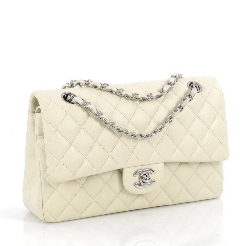 Beige Chanel Classic Double Flap Bag Quilted Caviar Medium