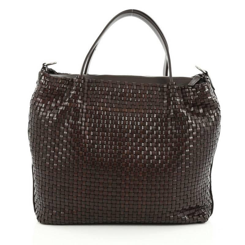 Salvatore Ferragamo Convertible Zip Satchel Woven Leather Large  In Good Condition In NY, NY