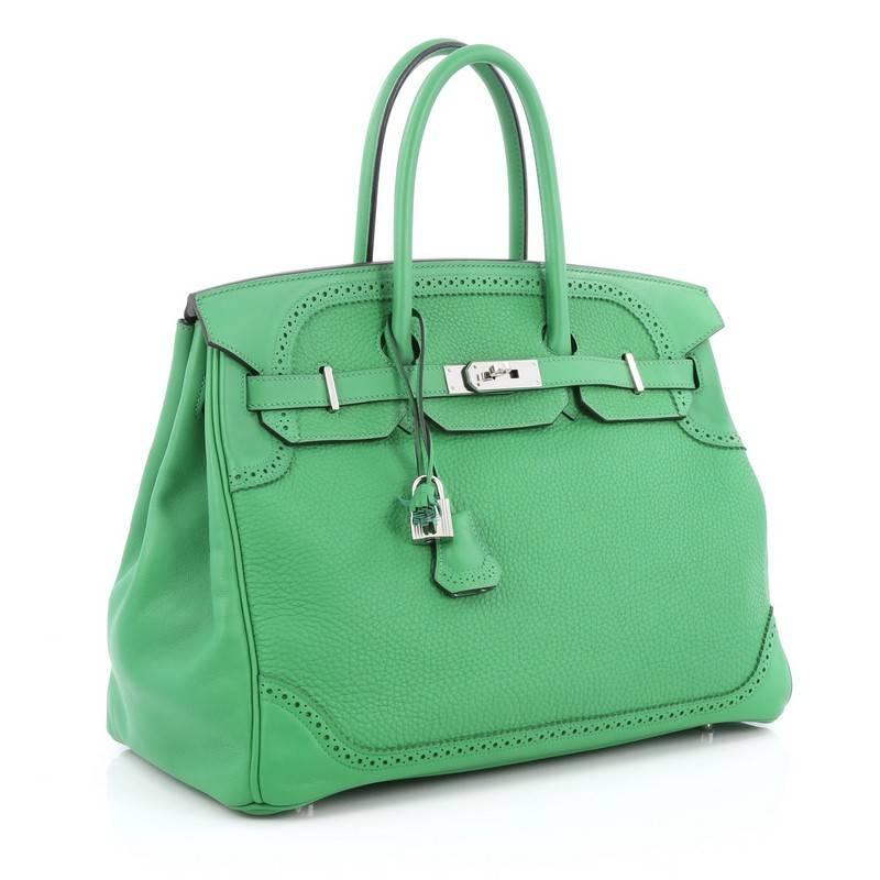 Hermes Birkin Ghillies Handbag Green Togo and Swift with Palladium Hardware 35 In Good Condition In NY, NY