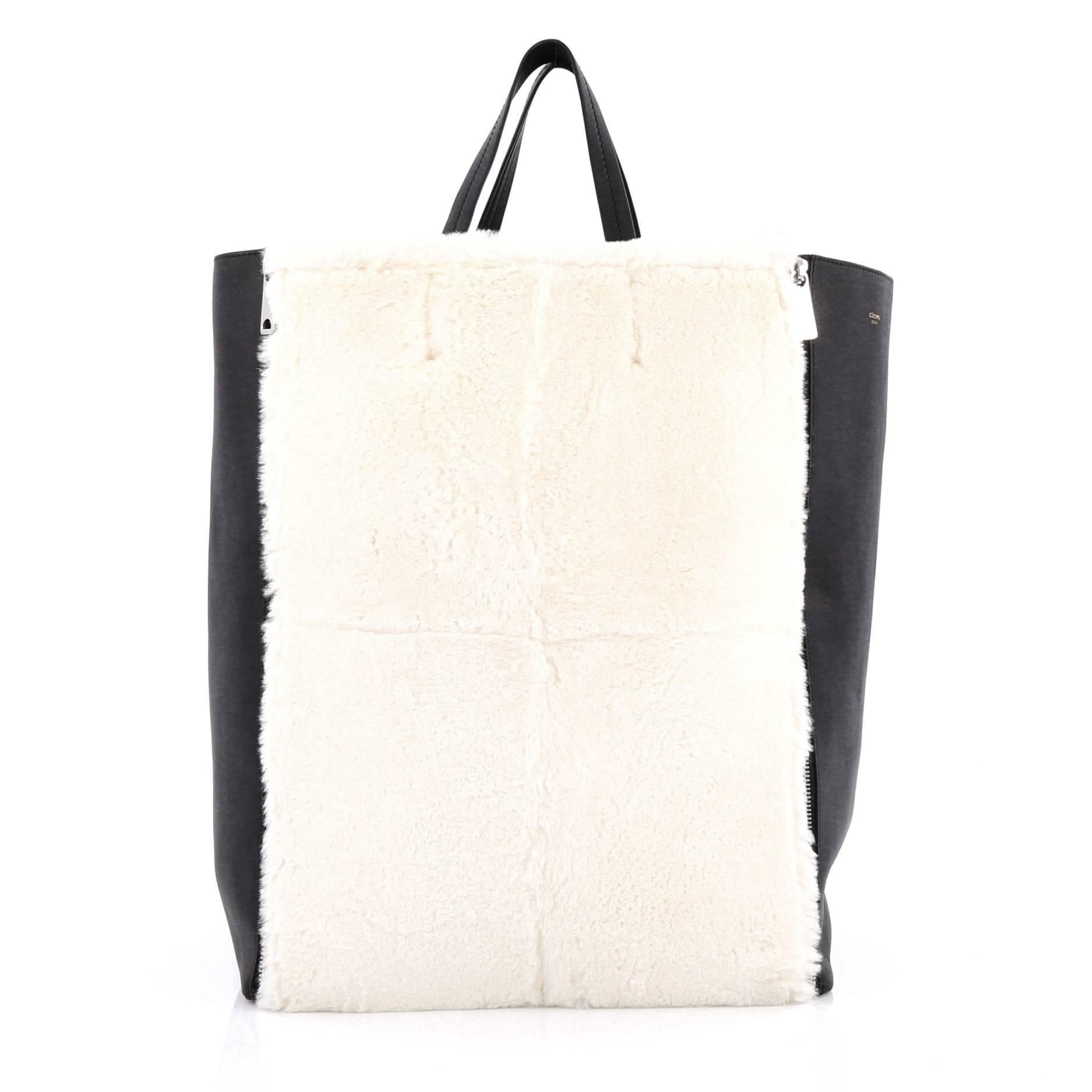White Celine Vertical Gusset Cabas Tote Shearling and Leather Large
