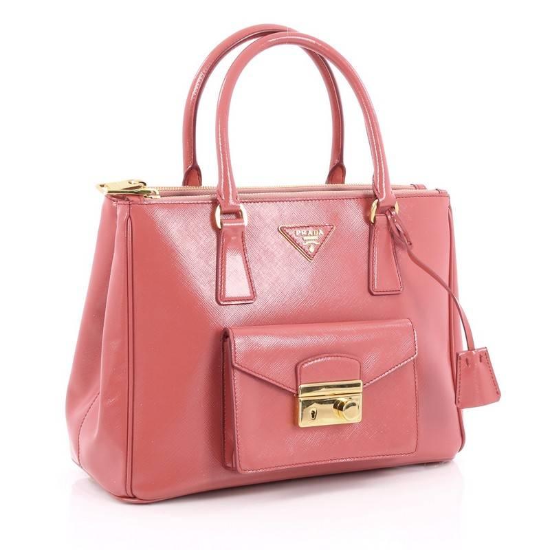 Pink Prada Front Pocket Double Zip Lux Tote Vernice Saffiano Leather Medium