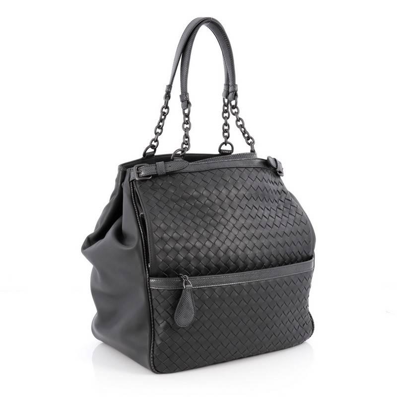Black Bottega Veneta Zip Pocket Shoulder Bag Intrecciato Nappa with Snakeskin