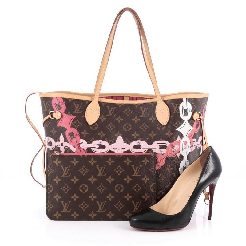 This authentic Louis Vuitton Neverfull NM Tote Limited Edition Bay Monogram Canvas MM presented in Spring/Summer 2016 Tropical Journey Collection is stylish and unique in design. Crafted in iconic monogram coated canvas with chain flower print in