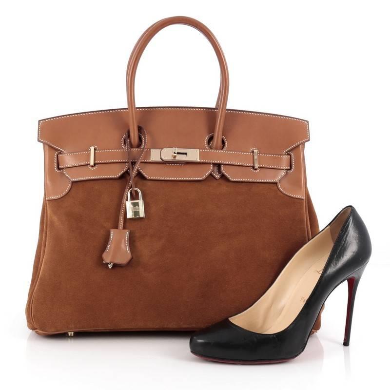 This authentic Hermes Birkin Handbag Fauve Grizzly with Barenia with Permabrass Hardware 35 stands as one of the most-coveted and timeless bags fit for any fashionista. Uniquely constructed from fauve brown grizzly suede and barenia leather, this
