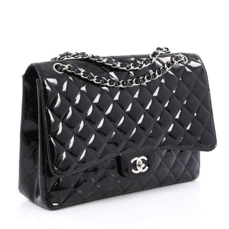 Black Chanel Classic Single Flap Bag Quilted Patent Maxi