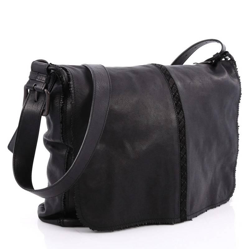 Black Bottega Veneta Flap Messenger Bag Leather with Frayed Intrecciato Detail Large