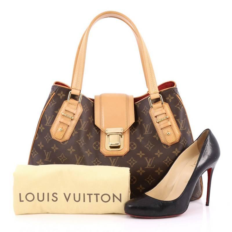 This authentic Louis Vuitton Griet Handbag Monogram Canvas is a modern, eye-catching piece perfect for your everyday looks. Crafted in brown monogram coated canvas, this bag features vachetta leather handles and trims, protective base studs, top