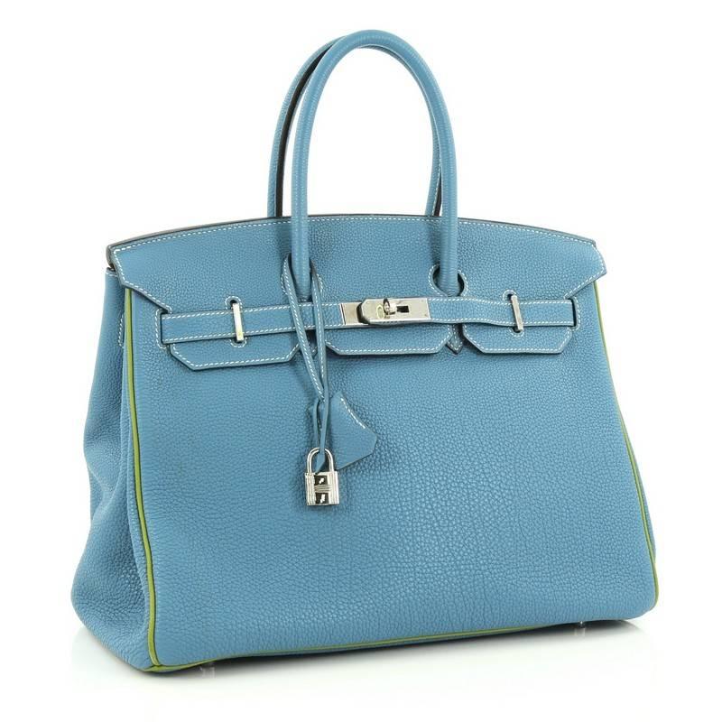 Hermes Birkin Handbag Blue Jean and Vert Anis Togo with Palladium Hardware 35 In Good Condition In NY, NY