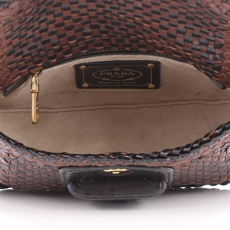 Black Prada Push Lock Flap Shoulder Bag Madras Woven Leather Small