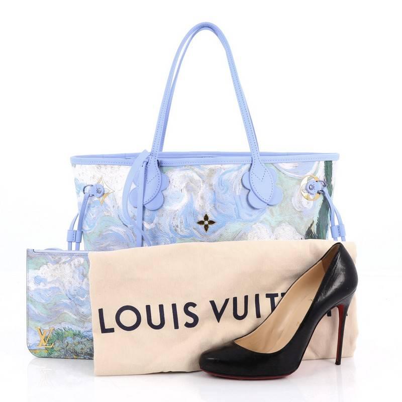 This authentic Louis Vuitton Neverfull NM Tote Limited Edition Jeff Koons Van Gogh Print Canvas MM is twisted within this collaboration with refinement and femininity through exclusive know-how. Crafted from periwinkle print canvas, this this