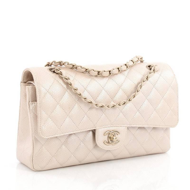 Beige Chanel Classic Double Flap Bag Quilted Caviar Medium