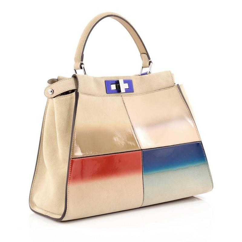 Beige Fendi Color Block Peekaboo Handbag Patent and Suede Regular