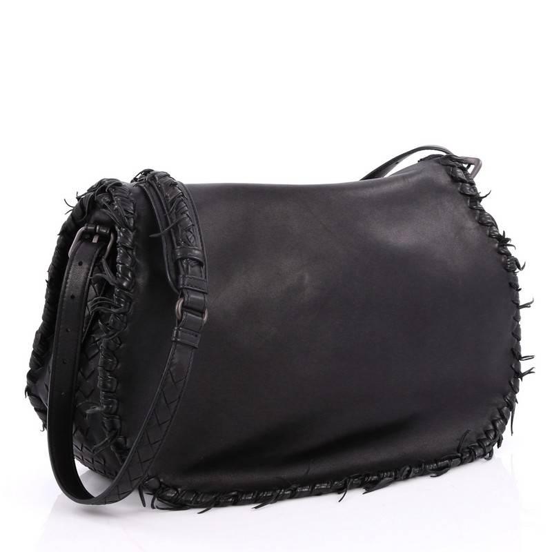 Black Bottega Veneta Flap Messenger Bag Leather with Frayed Intrecciato Detail