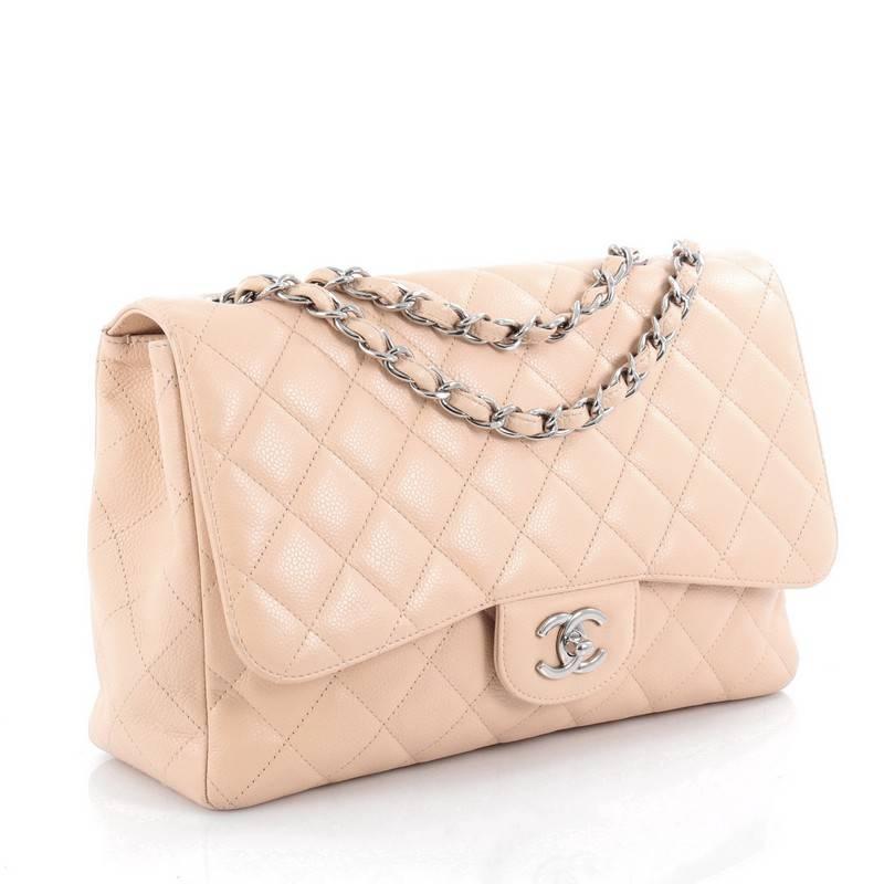 Beige Chanel Classic Single Flap Bag Quilted Caviar Jumbo