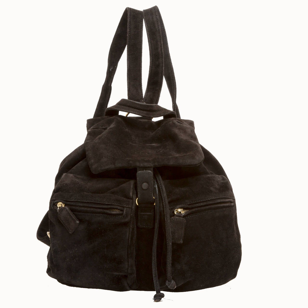 This authentic Prada Zip Pocket Backpack made of black suede is practical yet chic featuring two small front zip pockets for easy-to-reach items and adjustable shoulder straps. The main compartment is closed securely with a wrap around and snap