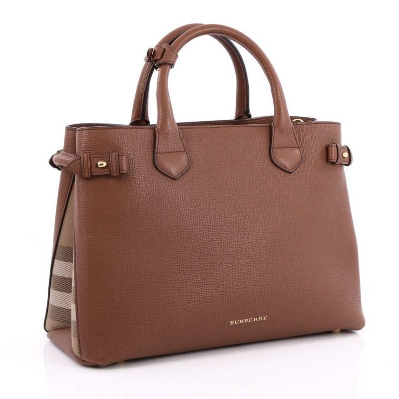 Brown Burberry Banner Convertible Tote Leather and House Check Canvas Medium