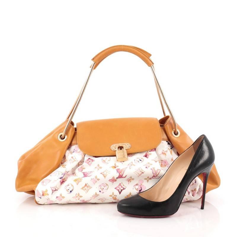 This authentic Louis Vuitton Jamais Handbag Limited Edition Aquarelle Monogram Canvas designed by artist Richard Prince's for its Spring/Summer 2008 Watercolor Collection is a collector's piece made for LV lovers. Crafted from tan leather and ruched