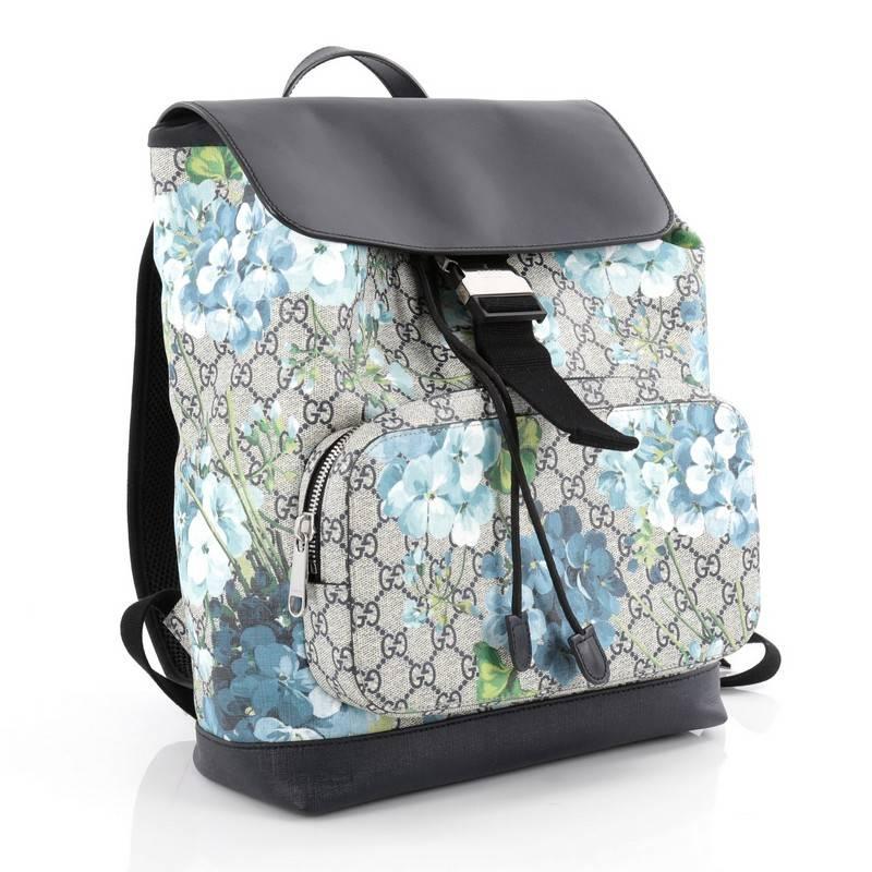 Gray Gucci Buckle Backpack Blooms Print GG Coated Canvas Medium