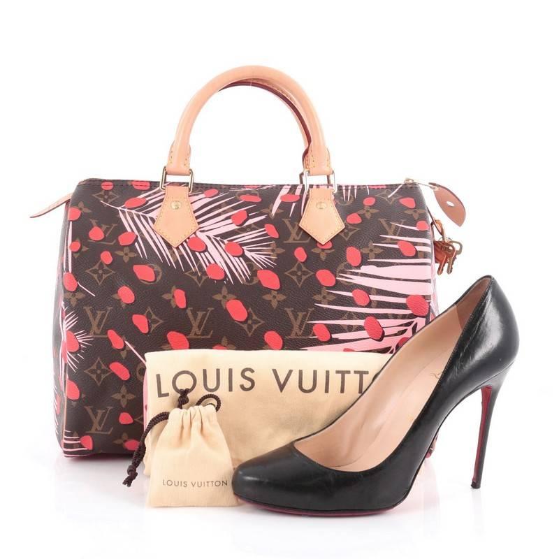 This authentic Louis Vuitton Speedy Handbag Limited Edition Monogram Jungle is from the brands' Summer 2016 Collection. Crafted in the brand's signature monogram on coated canvas with decorative, Palm Springs emblematic Palm trees, this limited