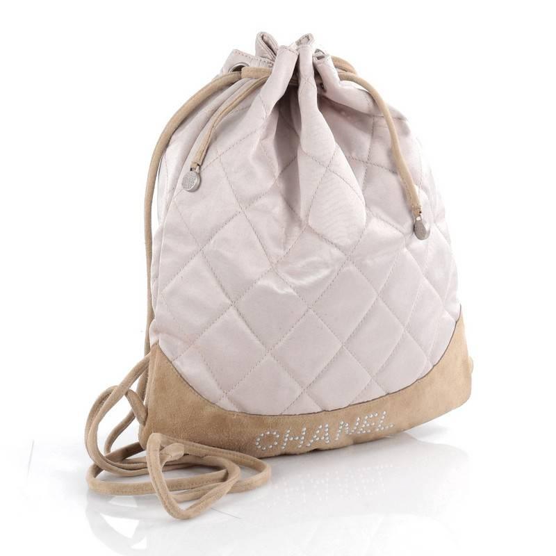 Beige Chanel Vintage Drawstring Backpack Quilted Satin with Suede
