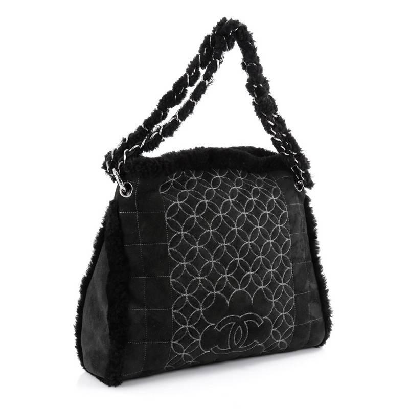 Black Chanel Embroidered CC Chain Tote Quilted Suede and Shearling