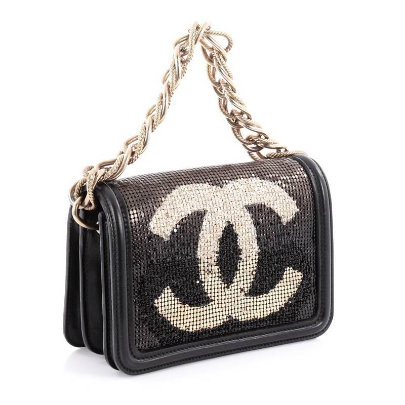 Black Chanel Hollywood Flap Bag Beaded Metal Mesh and Leather