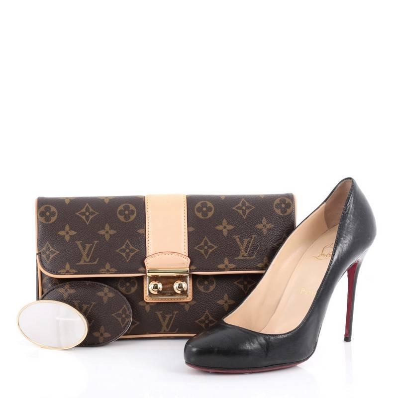 This authentic Louis Vuitton Sofia Coppola Slim Clutch Monogram Canvas is a chic accessory suitable for evening and special occasions. Crafted from brown monogram coated canvas, this stylish clutch inspired by its equally stylish namesake director