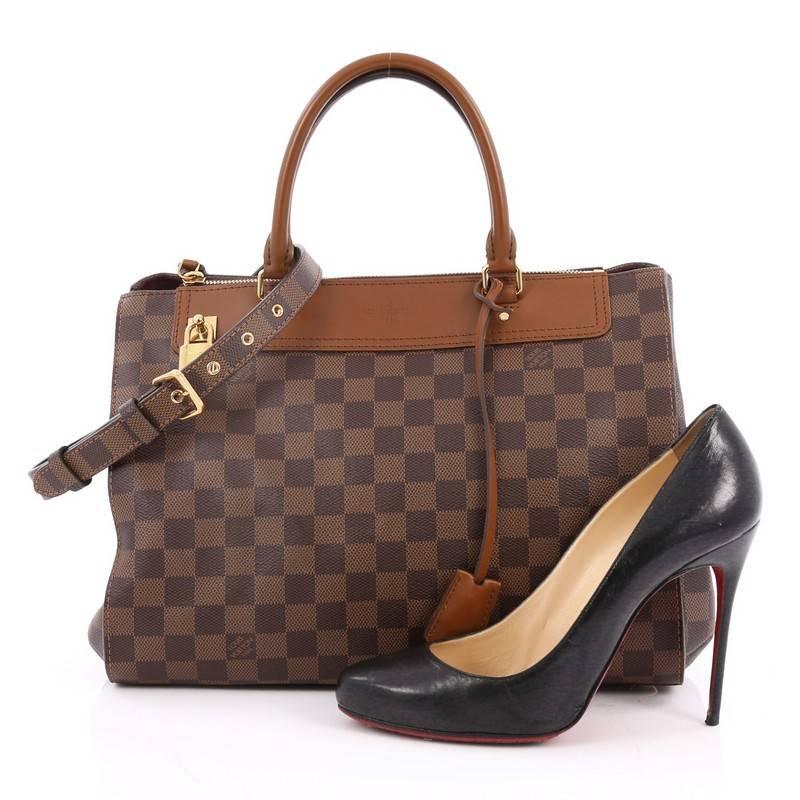 This authentic Louis Vuitton Greenwich Bag Damier is the perfect travel companion that combines style and functionality. Constructed in classic damier ebene coated canvas, this structured tote features dual-rolled leather handles, dark brown leather