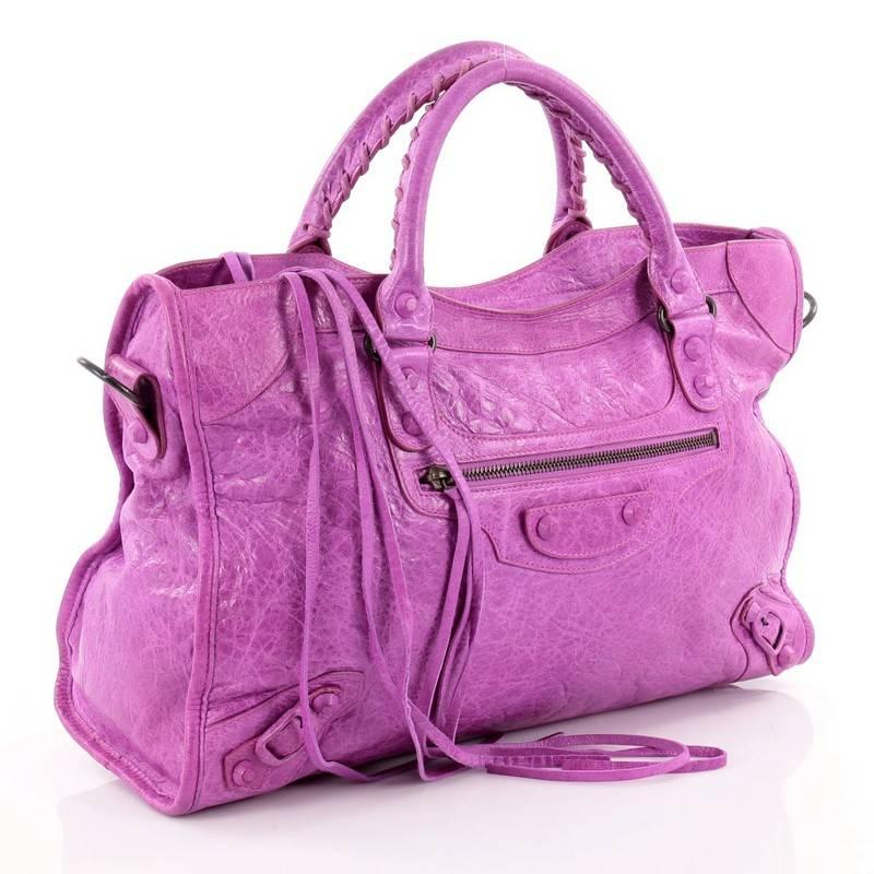 Purple Balenciaga City Classic Studs Handbag Leather Medium
