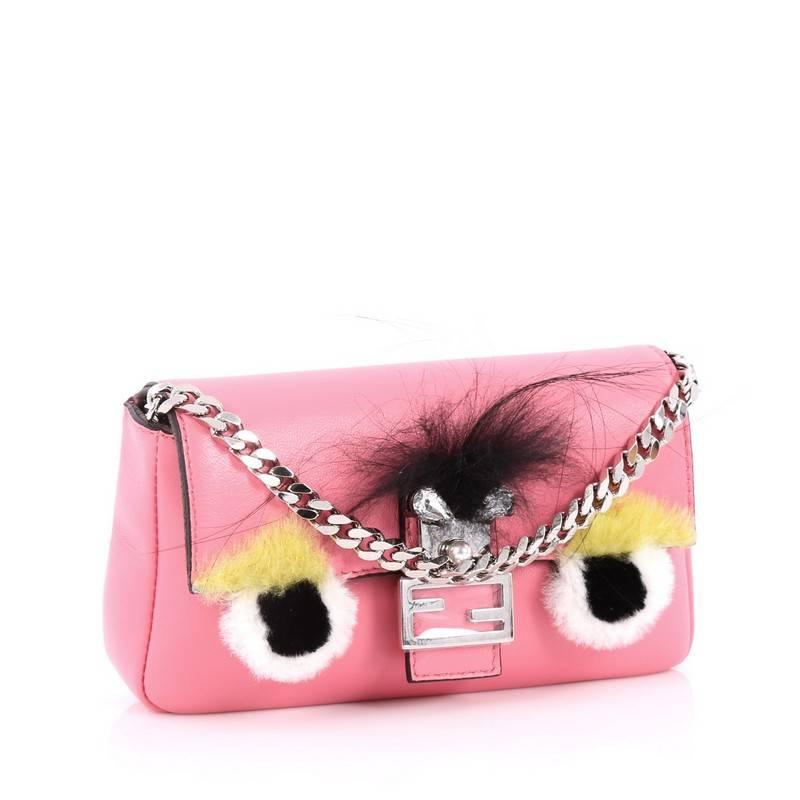 Pink Fendi Monster Baguette Leather and Fur Micro