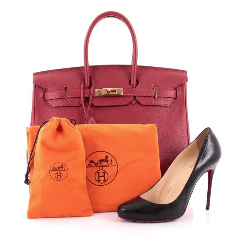 This authentic Hermes Birkin Handbag Rouge Vif Clemence with Gold Hardware 35 stands as one of the most-coveted bags. Crafted from scratch-resistant, iconic rouge vif clemence leather, this stand-out tote features dual-rolled top handles, frontal