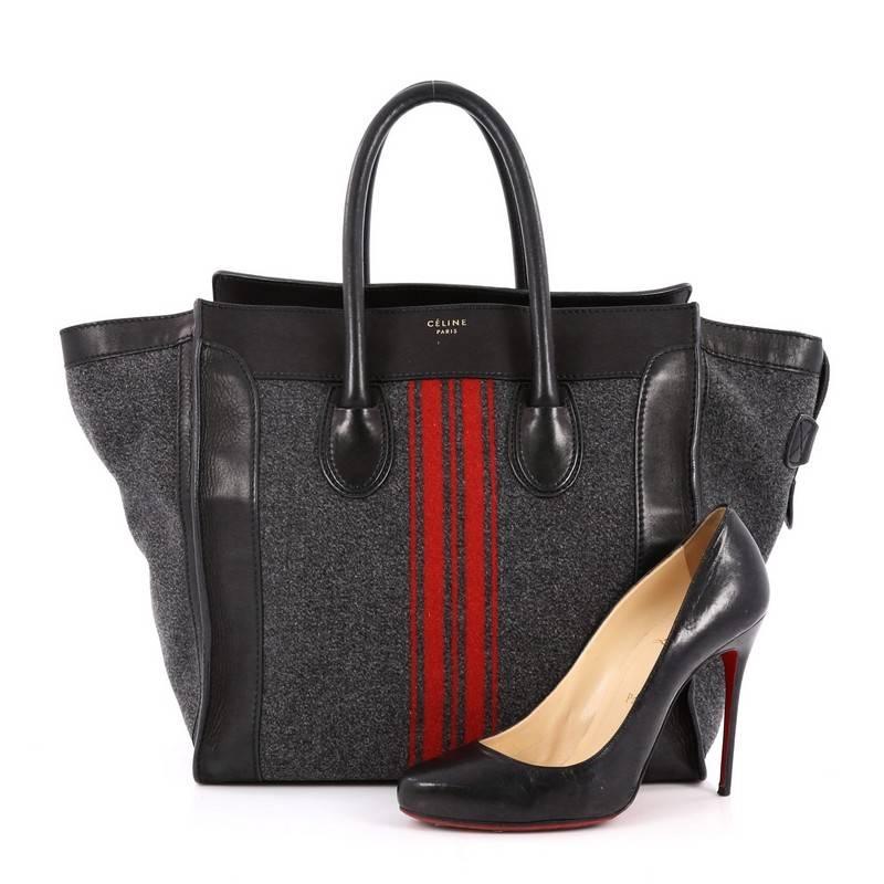 This authentic Celine Luggage Handbag Racer Felt Mini is one of the most sought-after bags beloved by fashionistas. Crafted from grey and red felt with black leather trims, this minimalist tote features dual-rolled handles, stamped logo at the