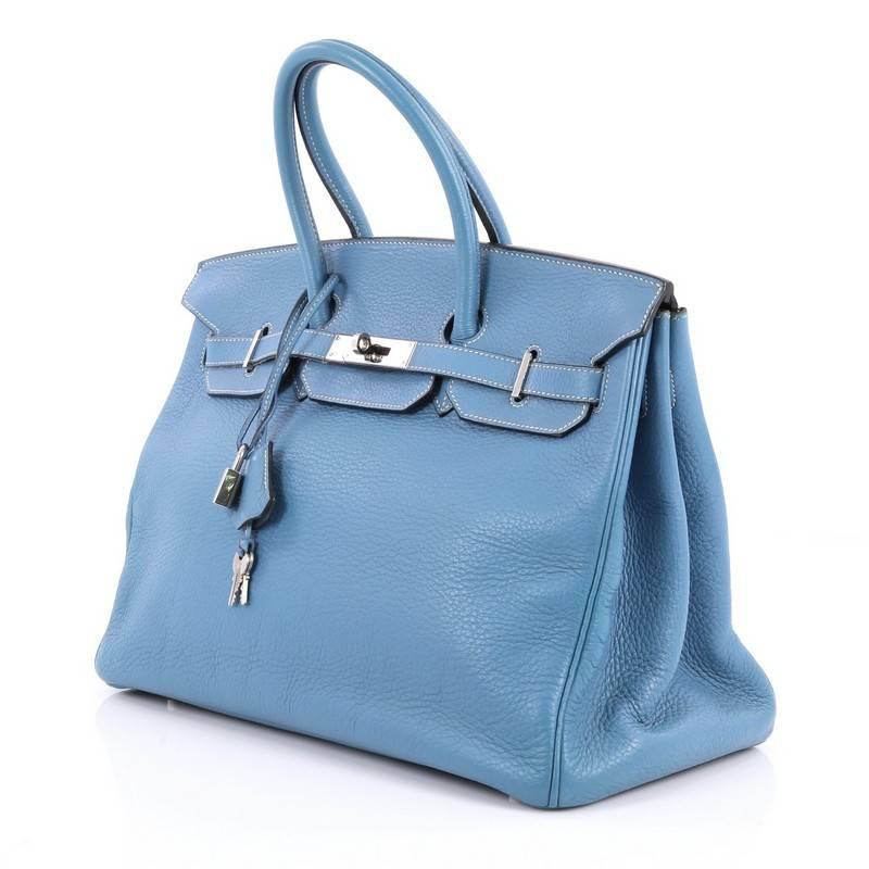 Hermes Blue Jean Clemence with Palladium Hardware 35 Birkin Handbag  In Good Condition In NY, NY