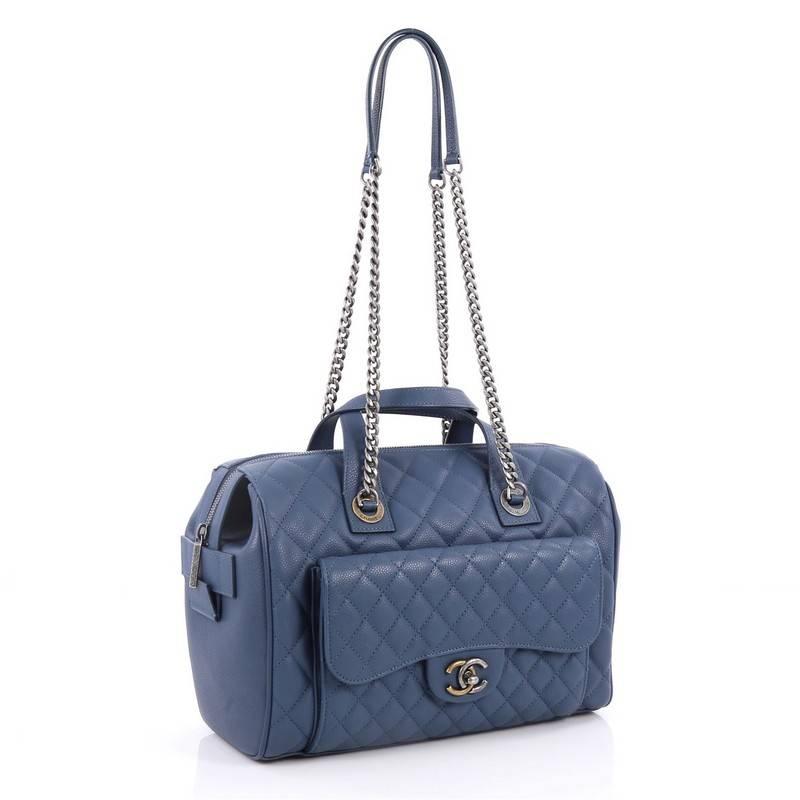 Gray Chanel Two-Tone Front Pocket Bowling Bag Quilted Caviar Medium