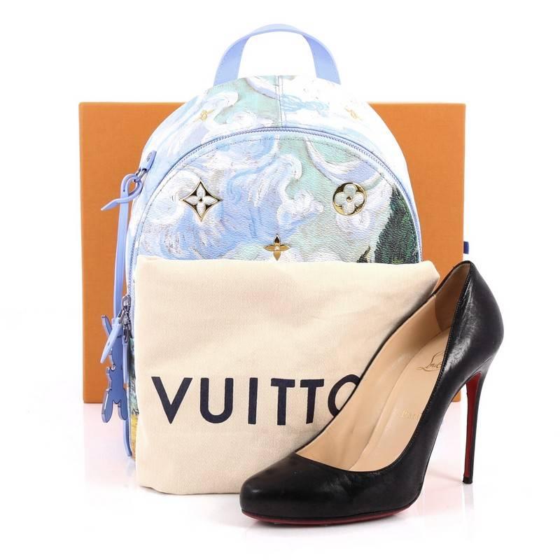 This authentic Louis Vuitton Palm Springs Backpack Limited Edition Jeff Koons Van Gogh Print Canvas PM is the perfect blank page to express the uniqueness of this Masters Collection’s piece of art. Crafted from periwinkle print canvas, this trendy