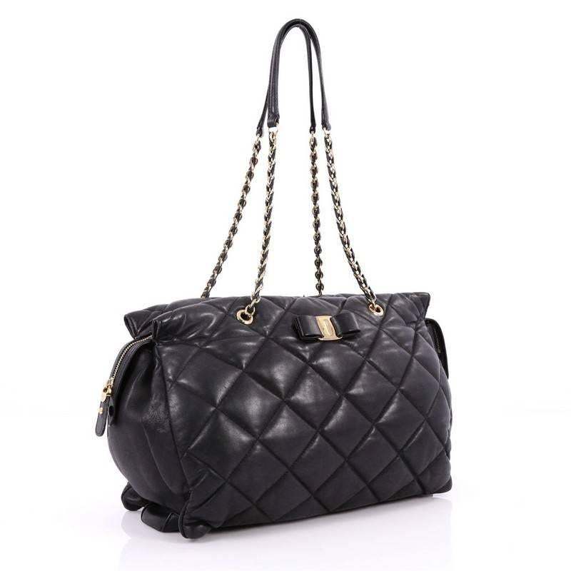 Black Salvatore Ferragamo Ginette Chain Shoulder Bag Quilted Leather Large