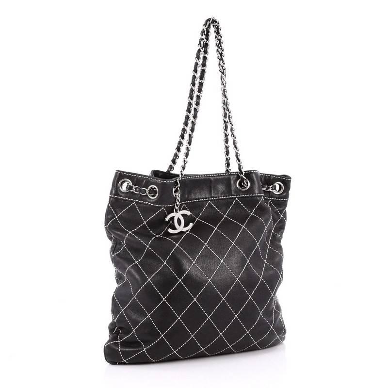 Black Chanel Surpique Drawstring Bucket Bag Quilted Lambskin Large