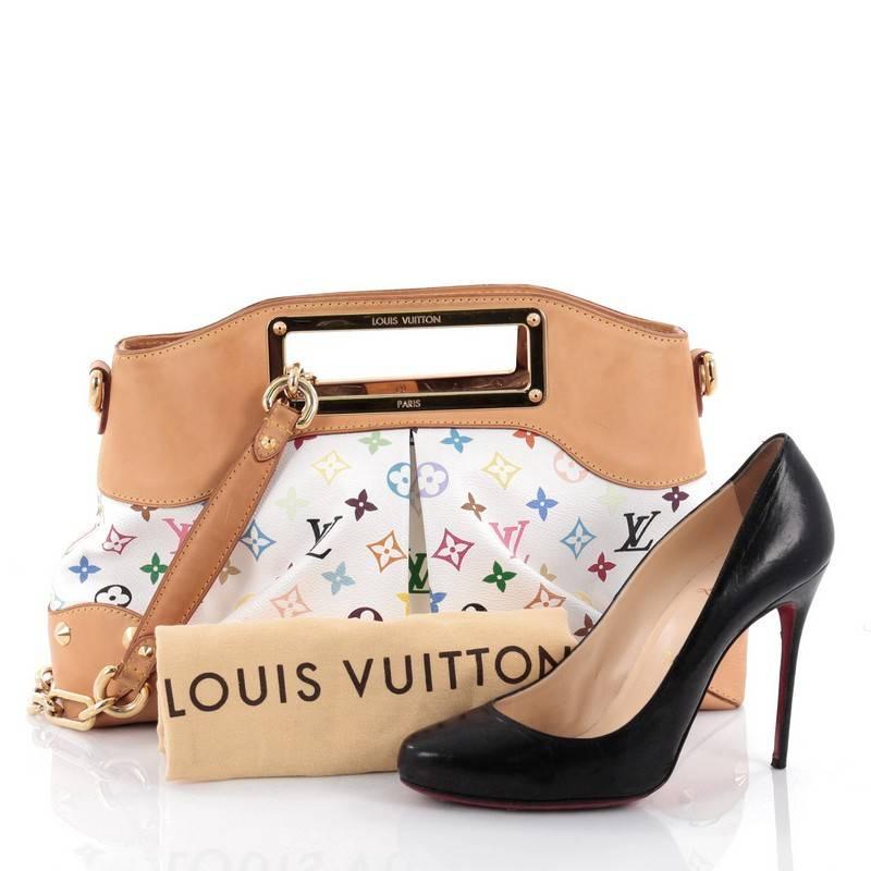 This authentic Louis Vuitton Judy Handbag Monogram Multicolor MM is a vibrant and colorful bag perfect for everyday. Featuring Takashi Murakami's popular white monogram multicolor print, this pleated feminine bag features a logo engraved cut-out