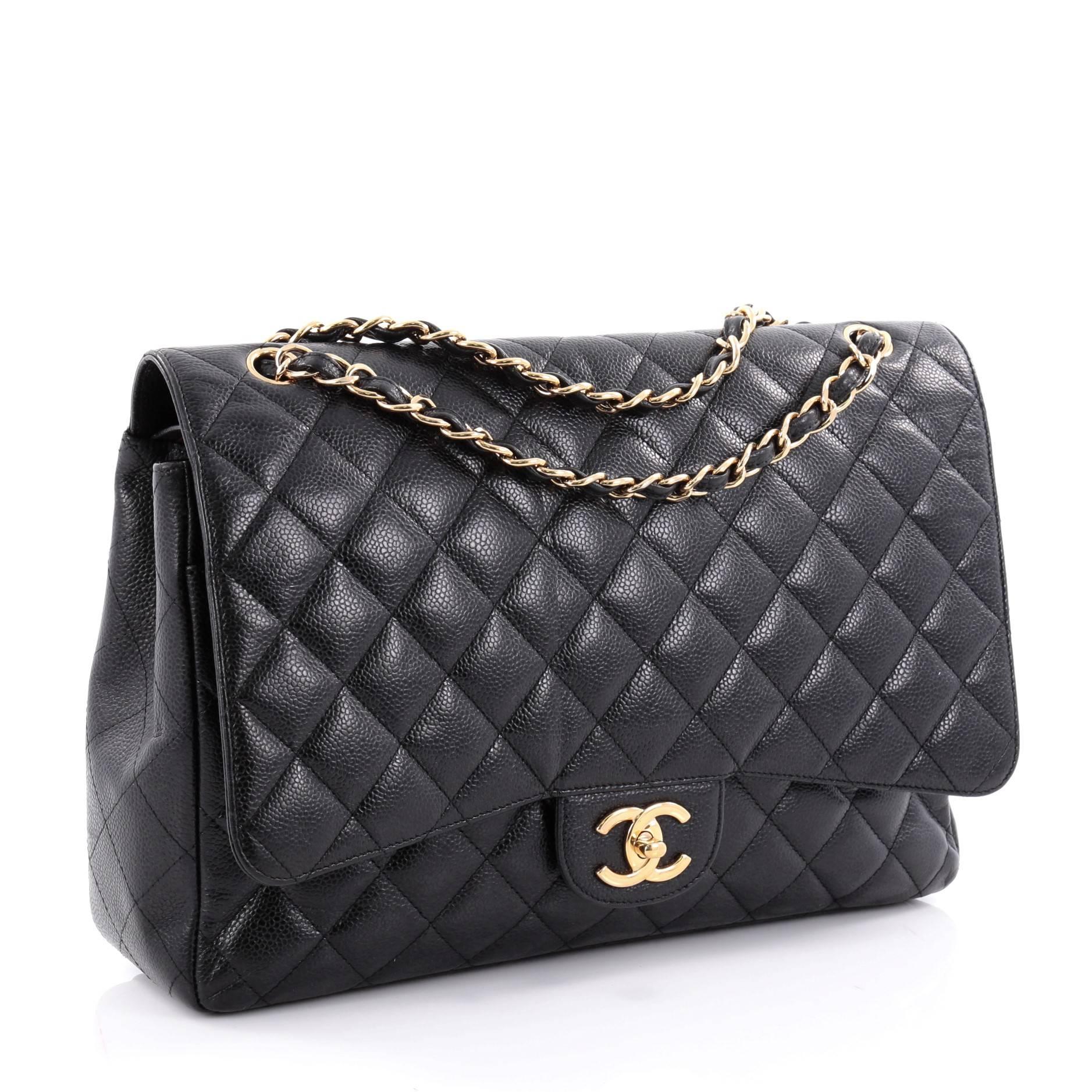 Black  Chanel Classic Double Flap Bag Quilted Caviar Maxi